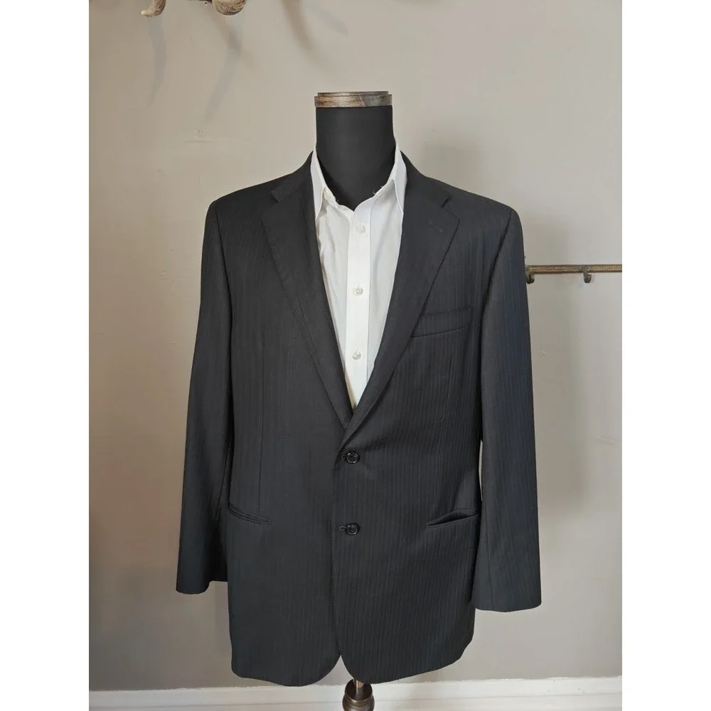 Hickey Freeman Mens Sport Coat 44L Black Herringbone Wool 2 Button Made in USA